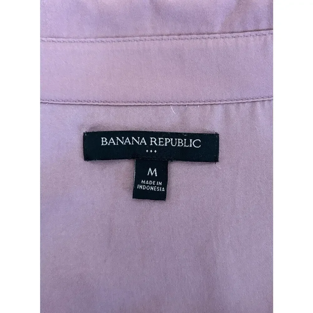 Banana Republic Pink Satin Blouse Size Med V-Neck Pleated Puff Long Sleeve Top